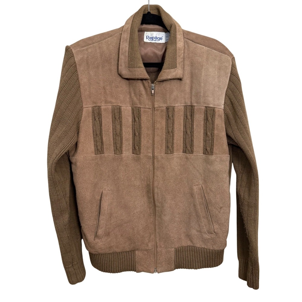 Vintage Repage Mens Brown Leather Knit Bomber Jacket Full Zip Tan Large